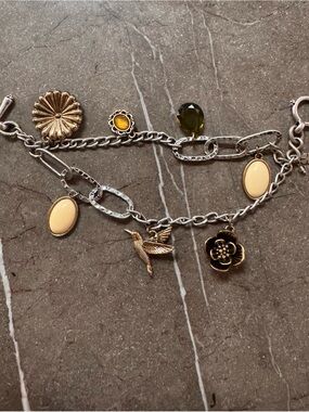Lucky Brand Mixed Metal Hummingbird & Floral Charm Bracelet with Cream Accents